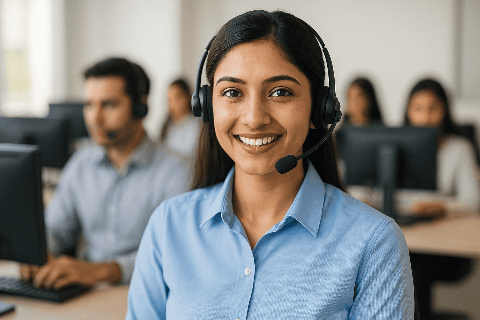 Smiling female call center agent wearing headset providing 24/7 ambulance contact number support