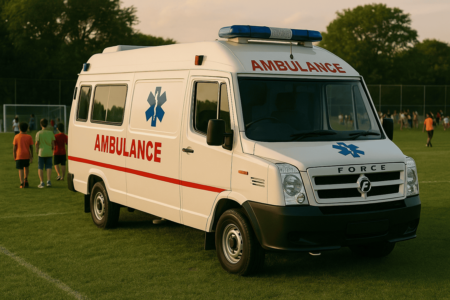 Emergency medical tech standby team with ambulance and paramedics at live event