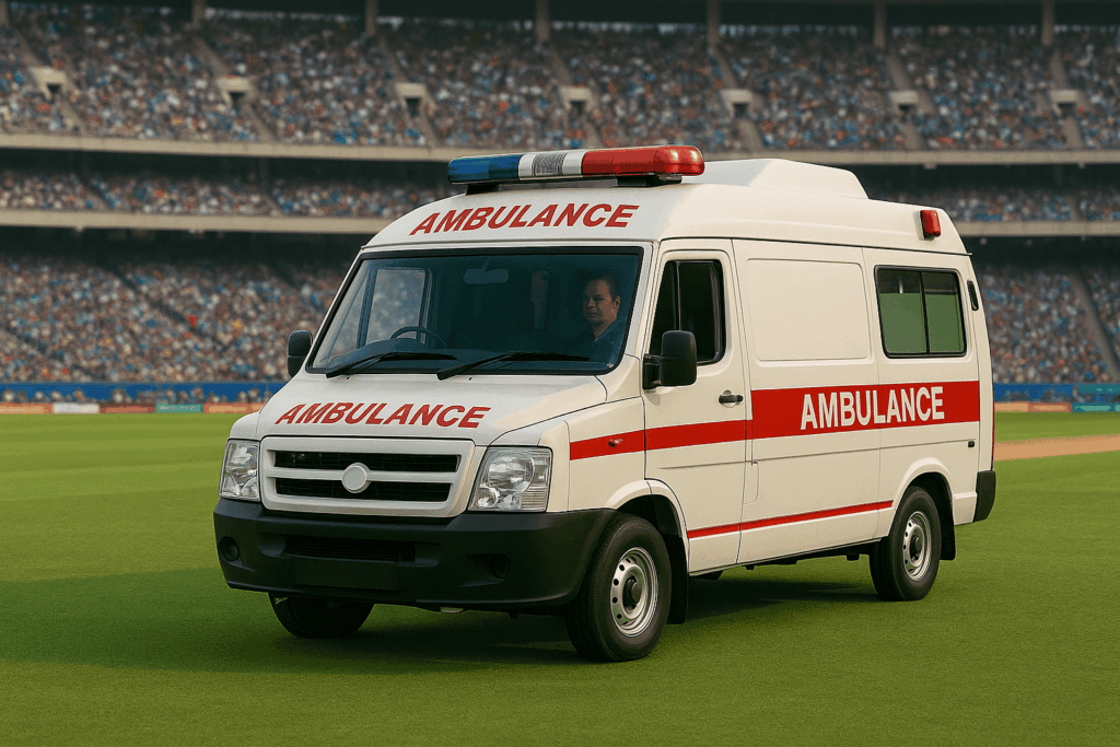 Emergency medical tech standby team with ambulance and paramedics at live event