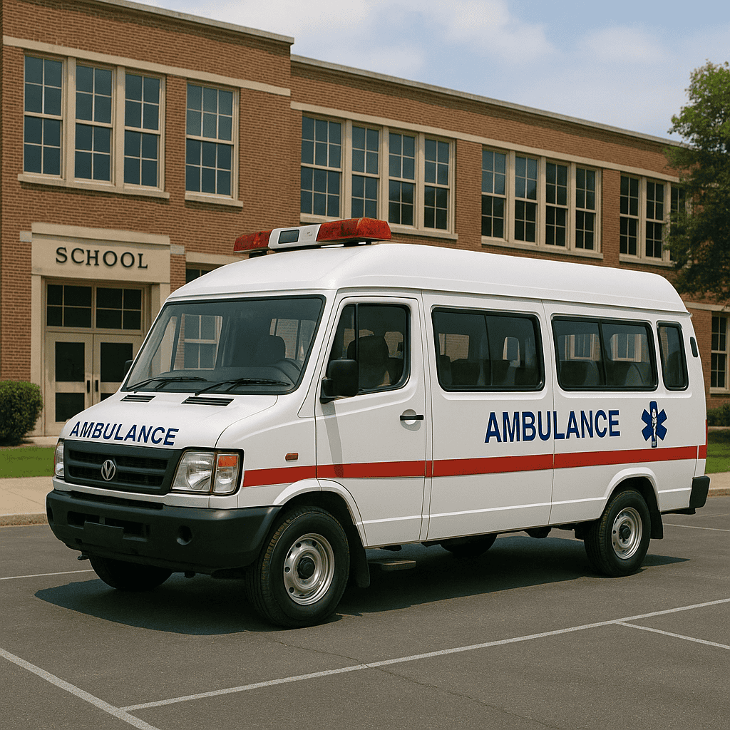 Emergency medical tech standby team with ambulance and paramedics at live event