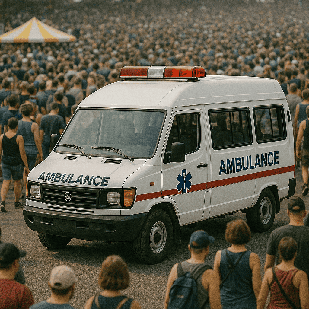Standby ambulance service parked with paramedical team for event medical standby