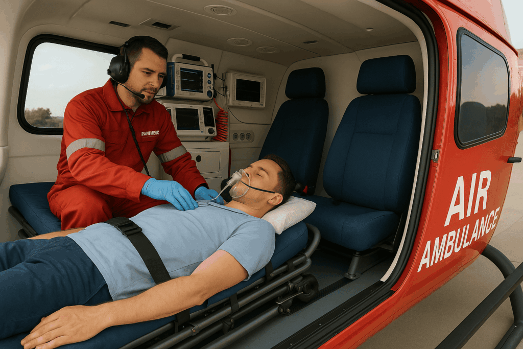 Air Ambulance helicopter by Savelife ready for emergency patient transport