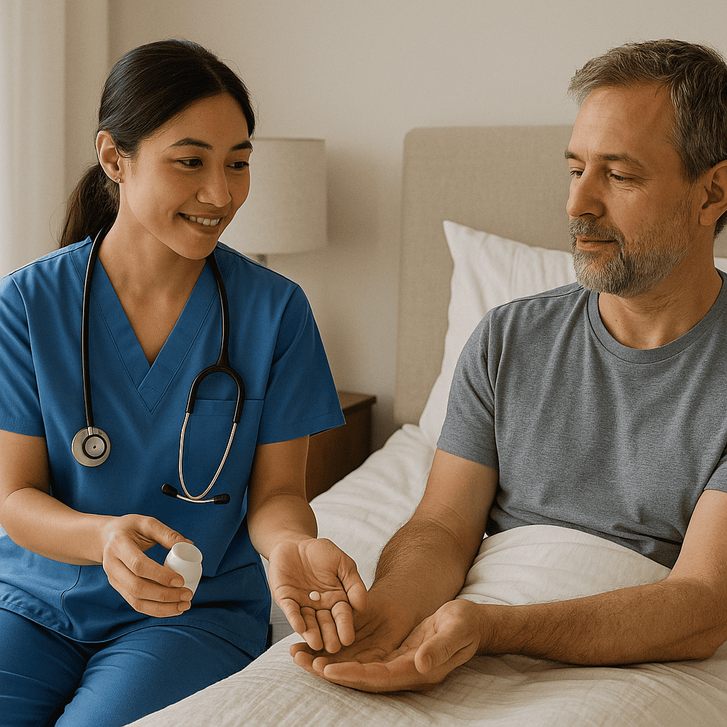 On call nurse providing home care to elderly patient in India