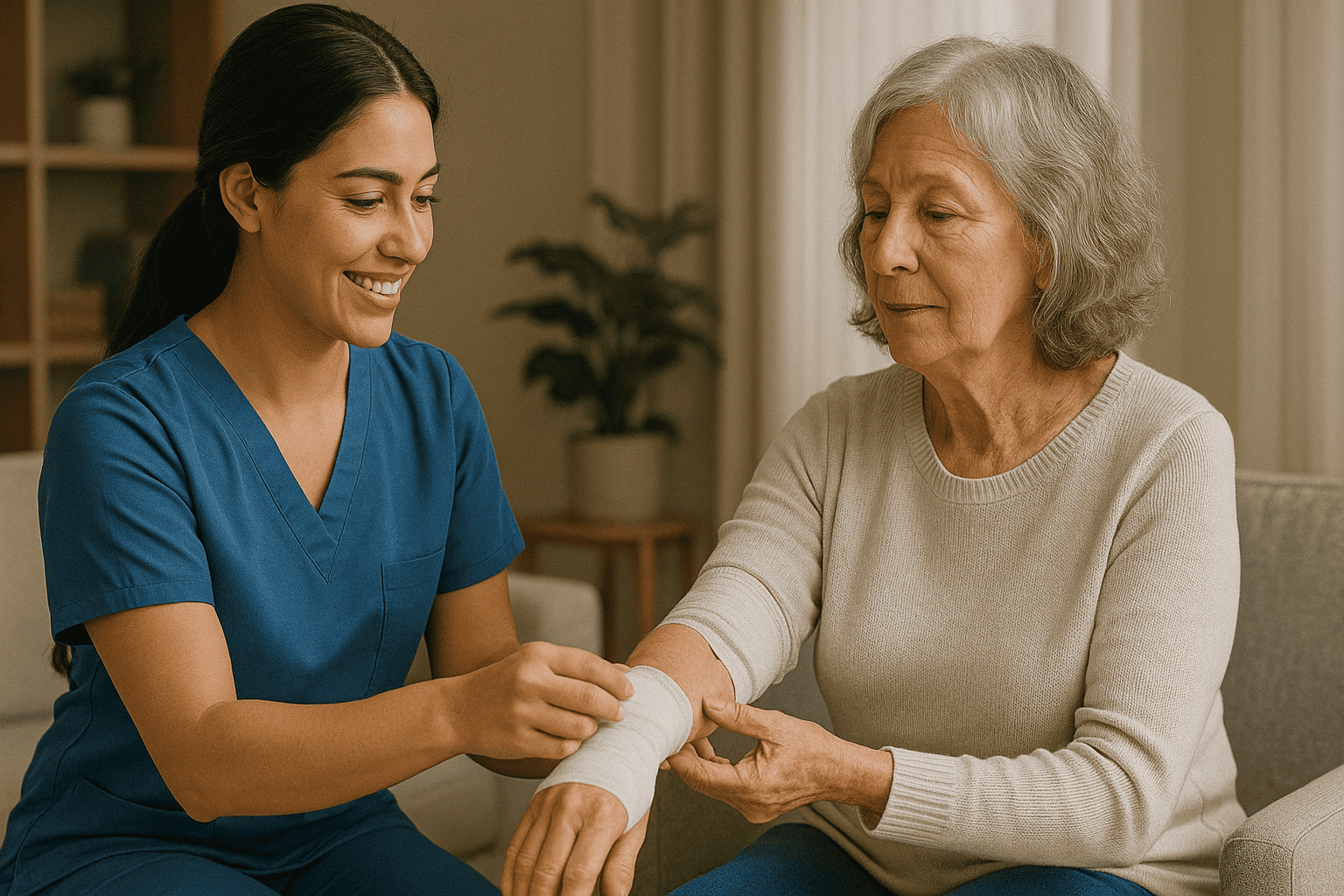 On call nurse providing home care to elderly patient in India