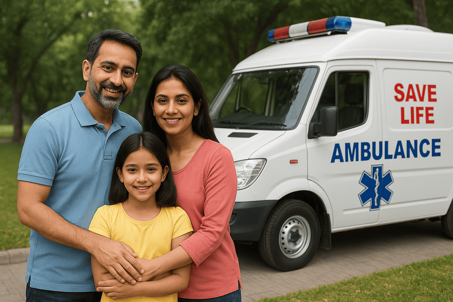 Savelife Family Protect banner showing happy family with ambulance in background