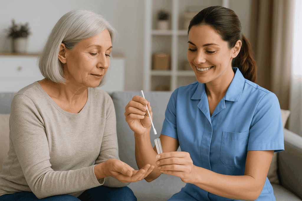 Diagnostic services phlebotomist collecting blood sample at home